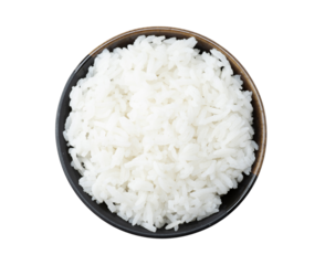 Bowl of cooked rice isolated on white background, top view with PNG.