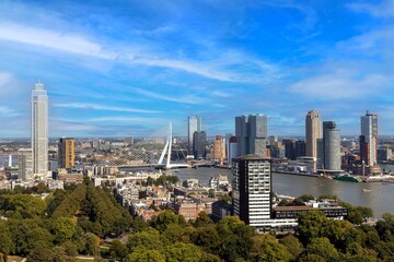 Fototapeta na wymiar Skyline of Rotterdam city with Erasmus bridge from the Euromast tower.
