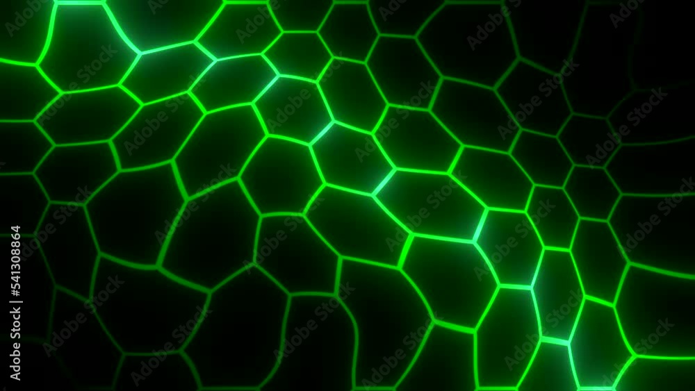Poster background with pattern of neon hexagons. motion. neon lines in moving distorted hexagon pattern. he