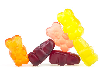 Colorful sweet jelly marmalade bears isolated on a white background. Tasty fruit gummy candies.