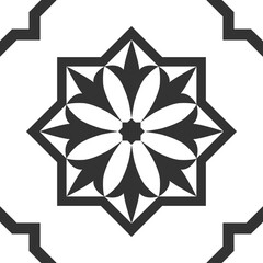 Seamless black and white patchwork tile with Islam, Arabic, Indian, Ottoman motifs. Majolica pottery tile. Azulejo. Ceramic tile in talavera style. Boho pattern