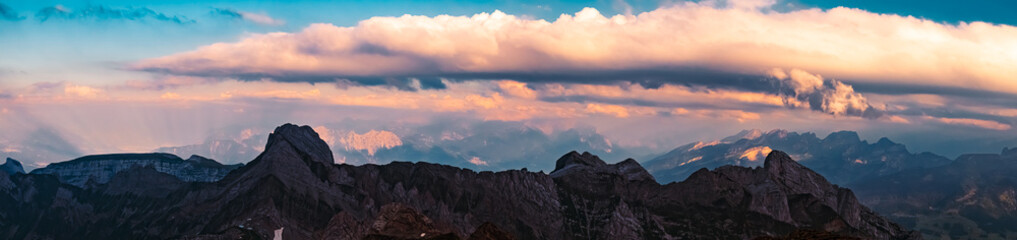 High resolution stitched panorama sunset at the famous Saentis summit, Schwaegalp, Appenzell,...