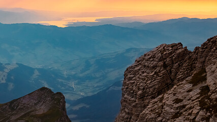 Beautiful alpine sunset at the famous Saentis summit, Schwaegalp, Appenzell, Alpstein, Switzerland