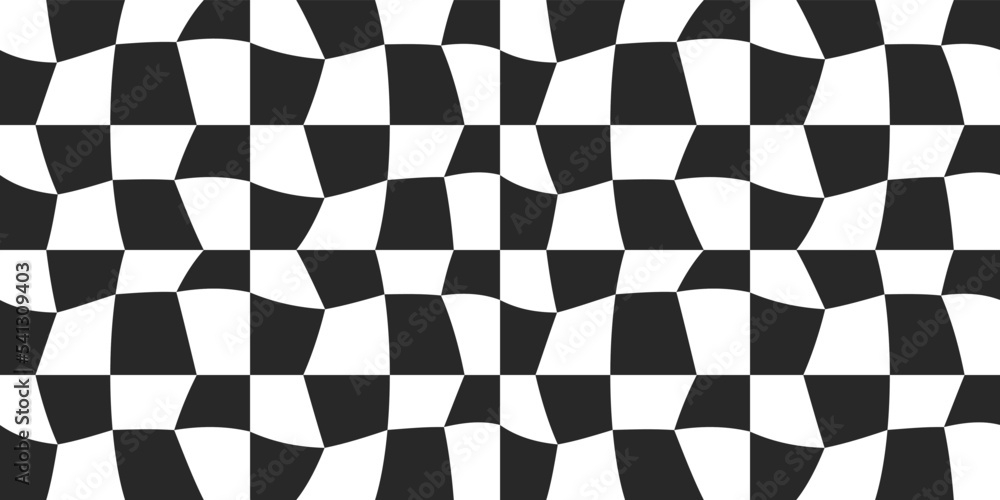 Poster Broken curved checkerboard surface, in the form of a pattern. Black and white chess print, from the curved shapes of the pattern.