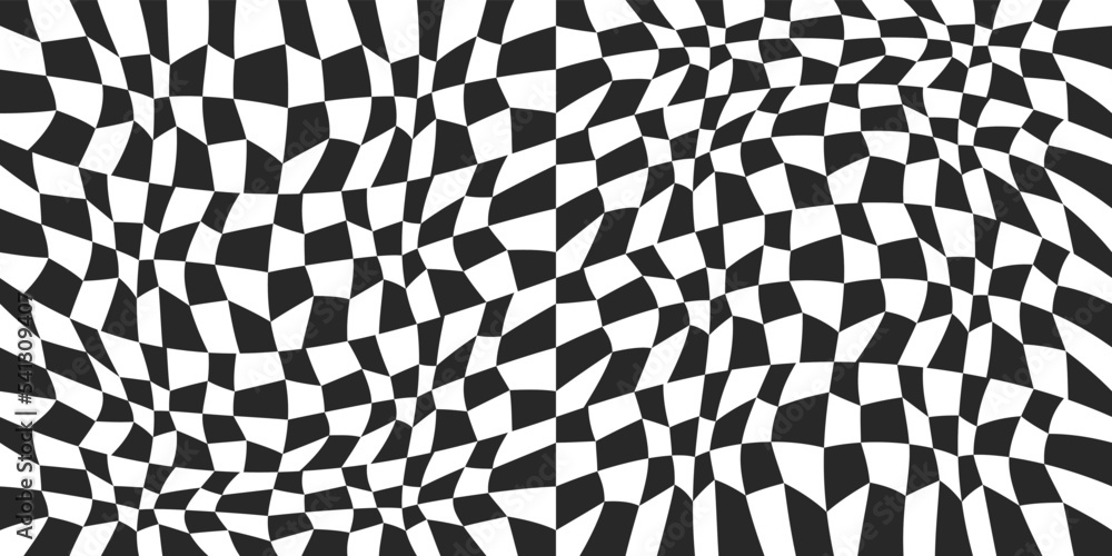 Poster Broken curved checkerboard surface, in the form of a pattern. Curved chessboard representing a pattern. Black and white chess print, from the curved shapes of the pattern.