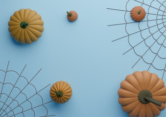 Bright, light sky blue 3D illustration autumn fall Halloween themed product display podium stand background or wallpaper pumpkins and spiderwebs photography horizontal flat lay top view from above