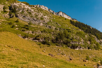 Beautiful alpine summer view at the famous Seealpsee lake, Innerrhoden, Appenzell, Alpstein, Switzerland