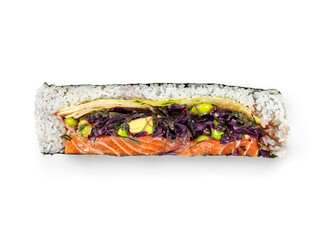 Top view of the cut lengthwise sushirrito, sandwich with red cabbage, salmon, rice, beans edamame wrapped in nori, sushi burrito on white background.