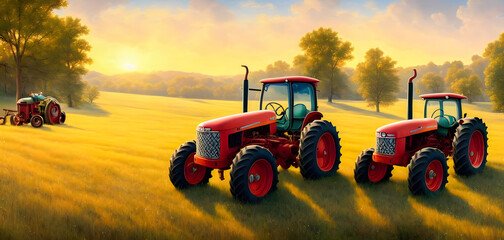Tractor vehicle on rural field, background illustration.