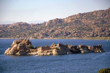Island with ancient fortifications in Kapikiri village on Bafa lake in Mugla, Turkey