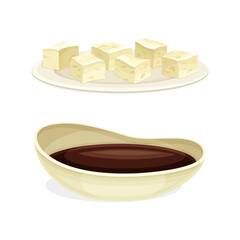 Soy Sauce in Bowl and Tofu as Edible Vegan Product Vector Set