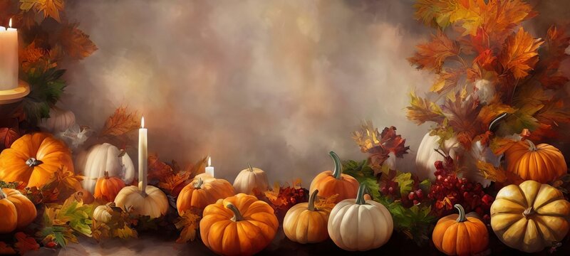 A Painting Of Pumpkins And Gourds With A Candle, Interesting Thanksgiving Harvest Abstract Background Wallpaper. Graphic Resource Overlay.
