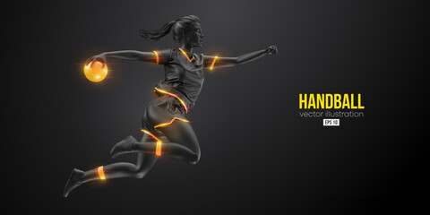 Abstract silhouette of a handball player on black background. Handball player woman are throws the ball. Vector illustration - obrazy, fototapety, plakaty