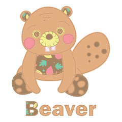 Patchwork vector drawing with a beaver. Cute vector cartoon beaver.  Baby Shower, greeting, holiday and invitation card. Happy beaver applique.  Vector baby patchwork illustration. Print, web design.