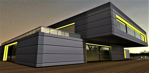 Yellow illumination with LED stripe. Facade of the house looks attractive in the night starry light, 3d rendering.