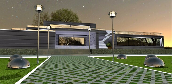 Lawn Pavement With White Curb In Front Of Stylish Porch Of Elite Suburban Dwelling At Night. Steel Balls And Street Lights Are On The Side. 3d Rendering.