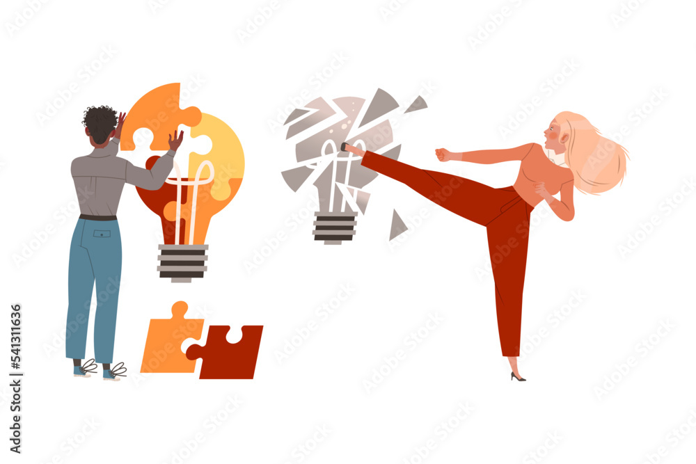 Aufkleber man and woman with light bulb as smart idea and solution vector set