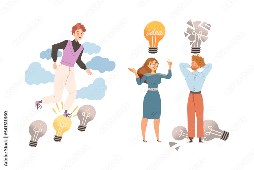 Poster man and woman with light bulb as smart idea and solution vector set