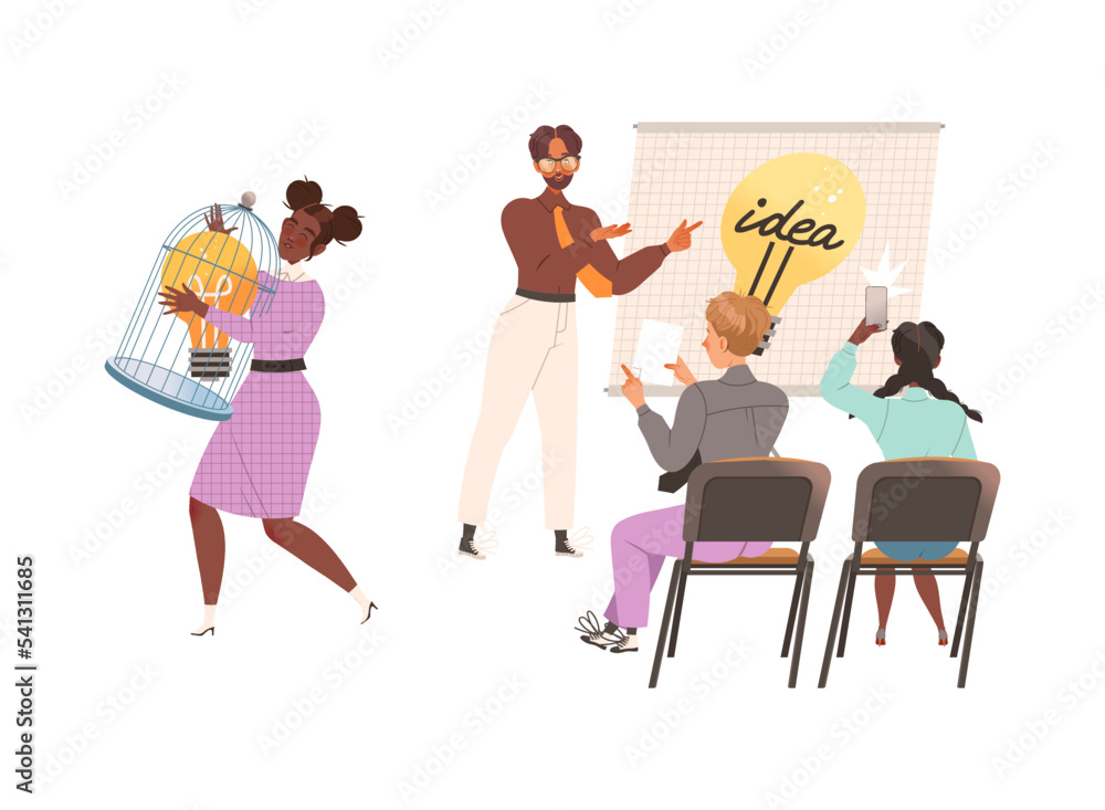 Poster man and woman with light bulb as smart idea and solution vector set