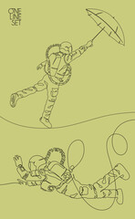 Astronaut with umbrella. Flying man. Linear cosmonaut. Continuous line