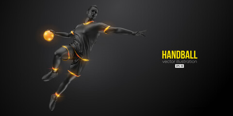 Abstract silhouette of a handball player on black background. Handball player man are throws the ball. Vector illustration