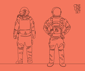 Cosmonaut in spacesuit. Astronaut linear silhouette. Continuous line