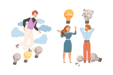 Man and Woman with Light Bulb as Smart Idea and Solution Vector Set