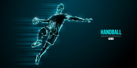 Abstract silhouette of a handball player on blue background. Handball player man are throws the ball. Vector illustration - obrazy, fototapety, plakaty