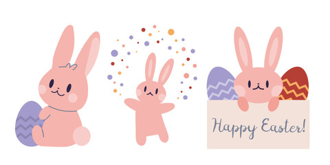 Collection with cute Easter rabbits and eggs, cartoon style. Trendy modern vector illustration isolated on white background, hand drawn, flat design. 