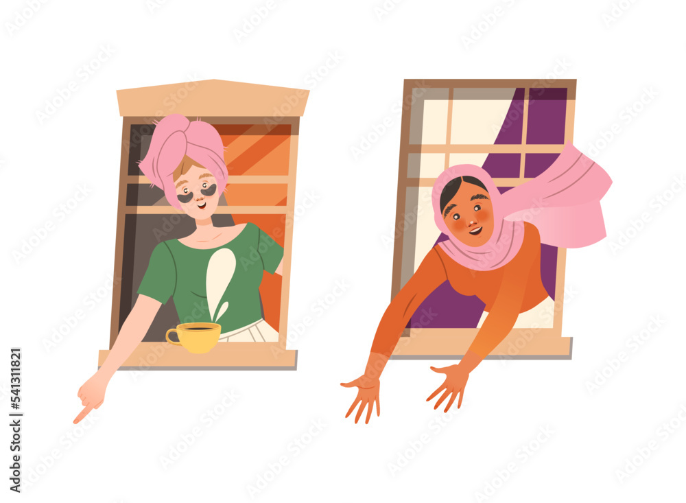 Poster woman in open window pointing finger and reaching hands vector set