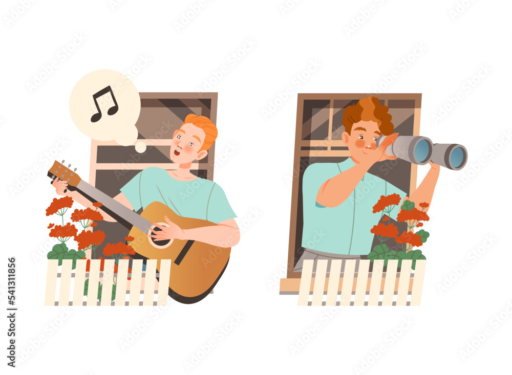 Poster man in open window playing guitar singing and looking into binoculars vector set