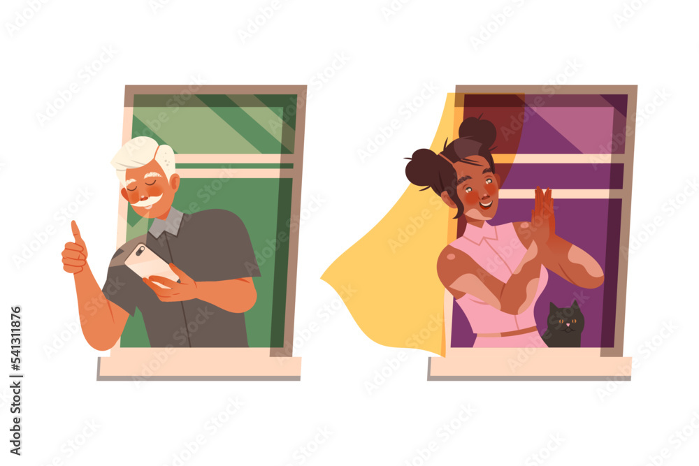 Poster man and woman in open window rubbing hands and taking photo vector set