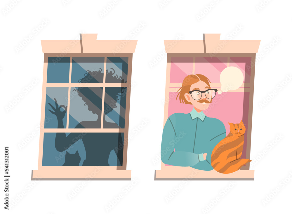 Poster man and woman in open window peeking out vector set