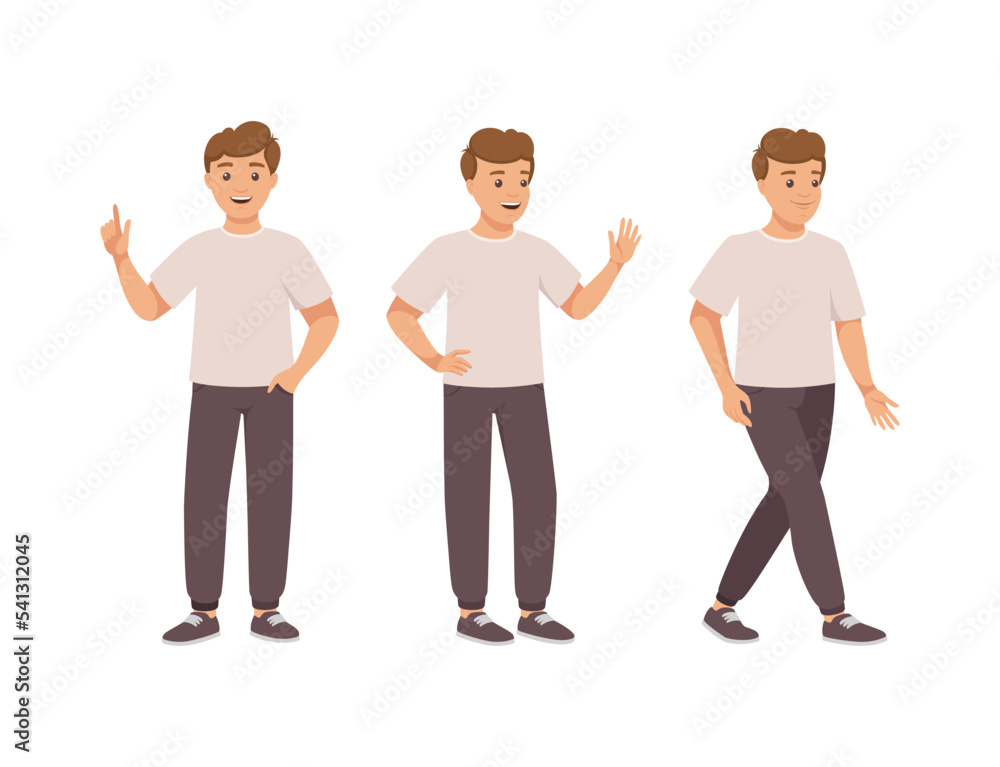 Poster man character in different pose with hand gesture and emotion vector set