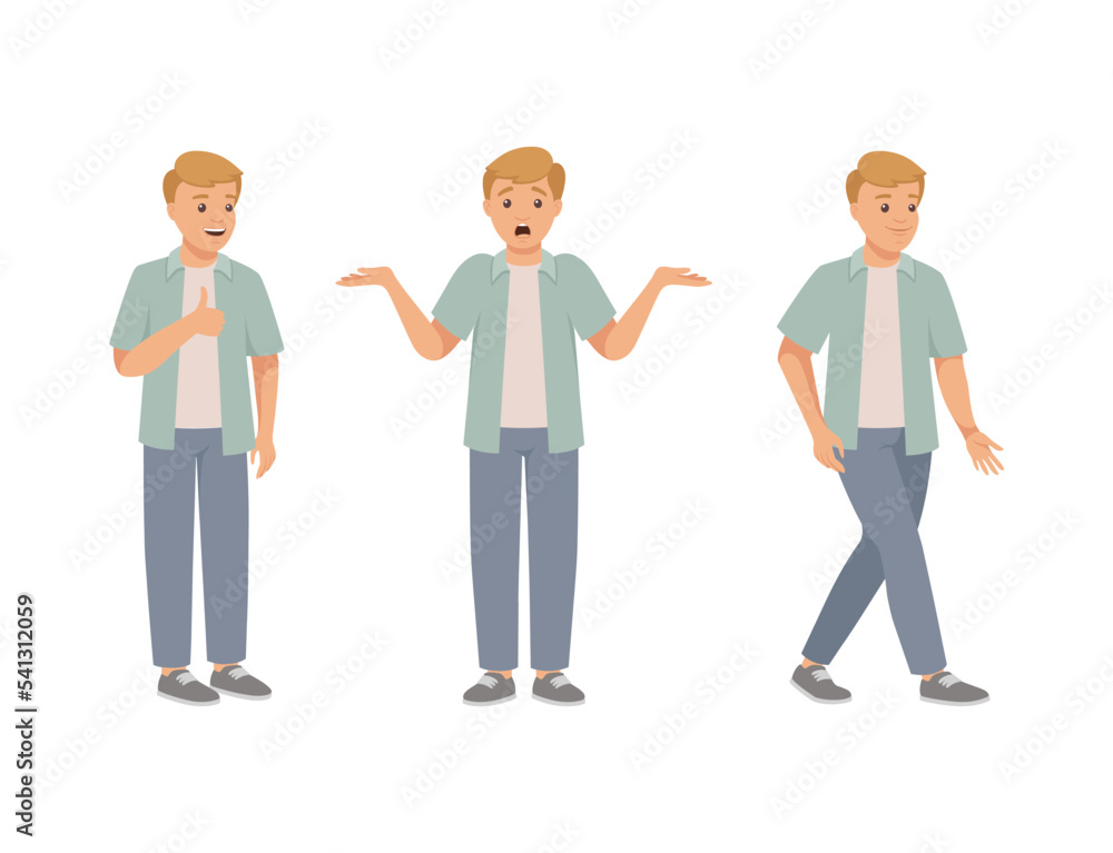 Poster man character in different pose with hand gesture and emotion vector set