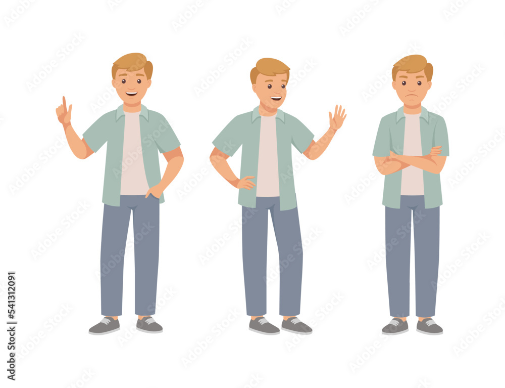 Poster man character in different pose with hand gesture and emotion vector set