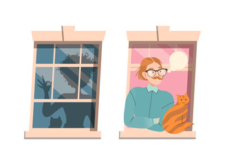Man and Woman in Open Window Peeking Out Vector Set