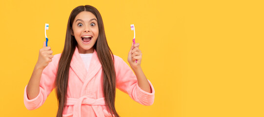 morning routine. kid wear soft night suit. child in cozy sleepwear brush teeth. Banner of child...