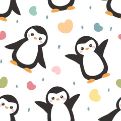 Colorful hearts cheerful penguin, kids fabric and textile clean white print.