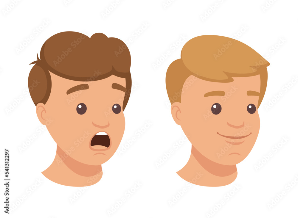 Poster face of handsome man character demonstrating emotion vector set