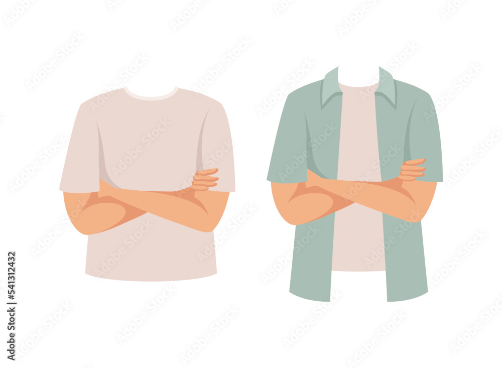 Poster man character folded arms as constructor with separated body part vector set.