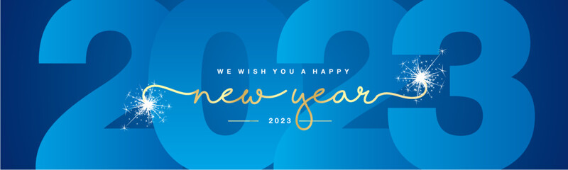 We wish you Happy New Year 2023 golden handwritten lettering tipography line design white sparkle firework light blue year 2023 on dark blue background