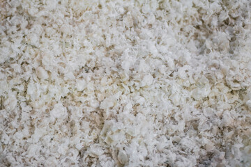 Plastic recycling, renewable resource - heap of secondary soft plastic granules - polystyrene, polyethylene, polypropylene pellets at exhibition, trade show - close up top view