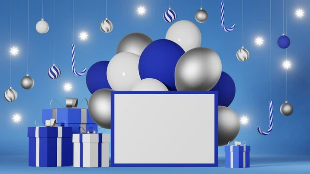Christmas greeting card A4 mockup 3d animation Blank picture frame template blue silver gift box snowflake balloons candy cane balls. Shop winter discount promo banner. New Year Special offer Price 4K