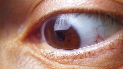 The girl opens her brown eyes wide in surprise. Macro video of the human eye. Woman's eye close up