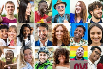 Big collage of  smiling people - Group of multiracial people smiling 