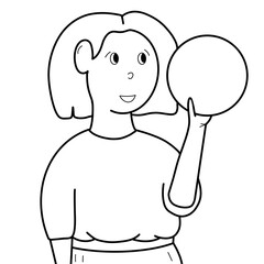a girl with a square in bright clothes holds a ball in her hands. presentation girl, presentation background
