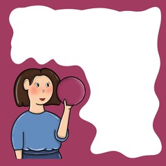 a girl with a square in bright clothes holds a ball in her hands. presentation girl, presentation background
girl with a bubble