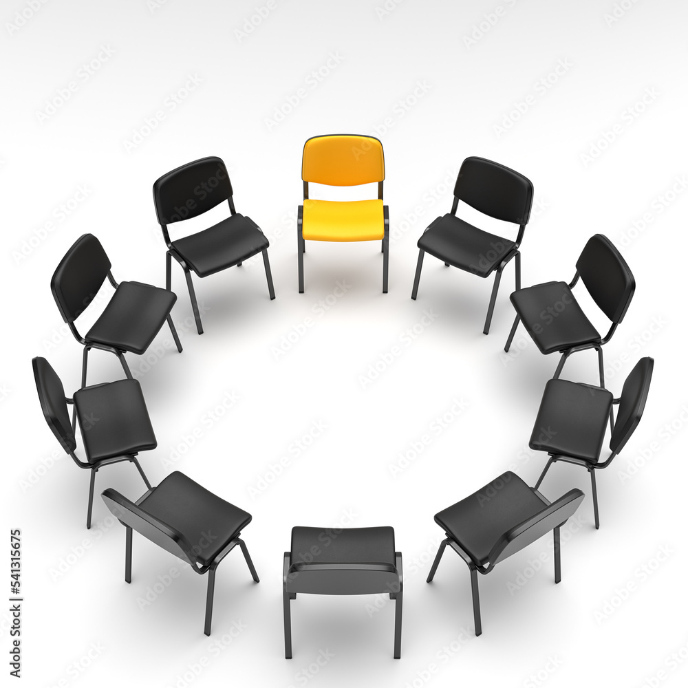 Wall mural black empty chairs in a circle with one yellow chair on a white background. the concept of a club of