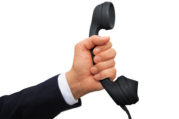 Gesture series: hand holding a black telephone receiver. - obrazy, fototapety, plakaty
